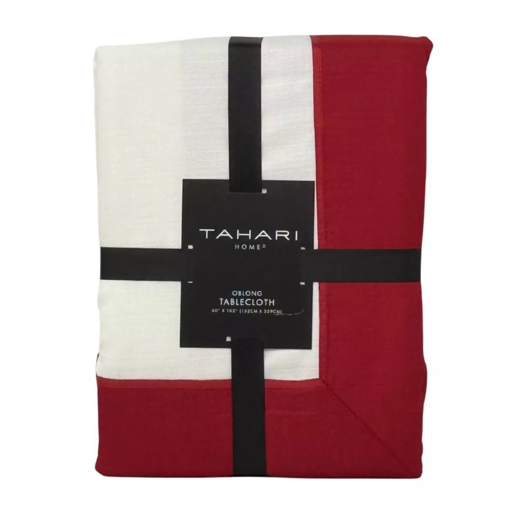 TAHARI 60" x 102" Christmas Holiday Classic Red Border Designer Tablecloth NEW